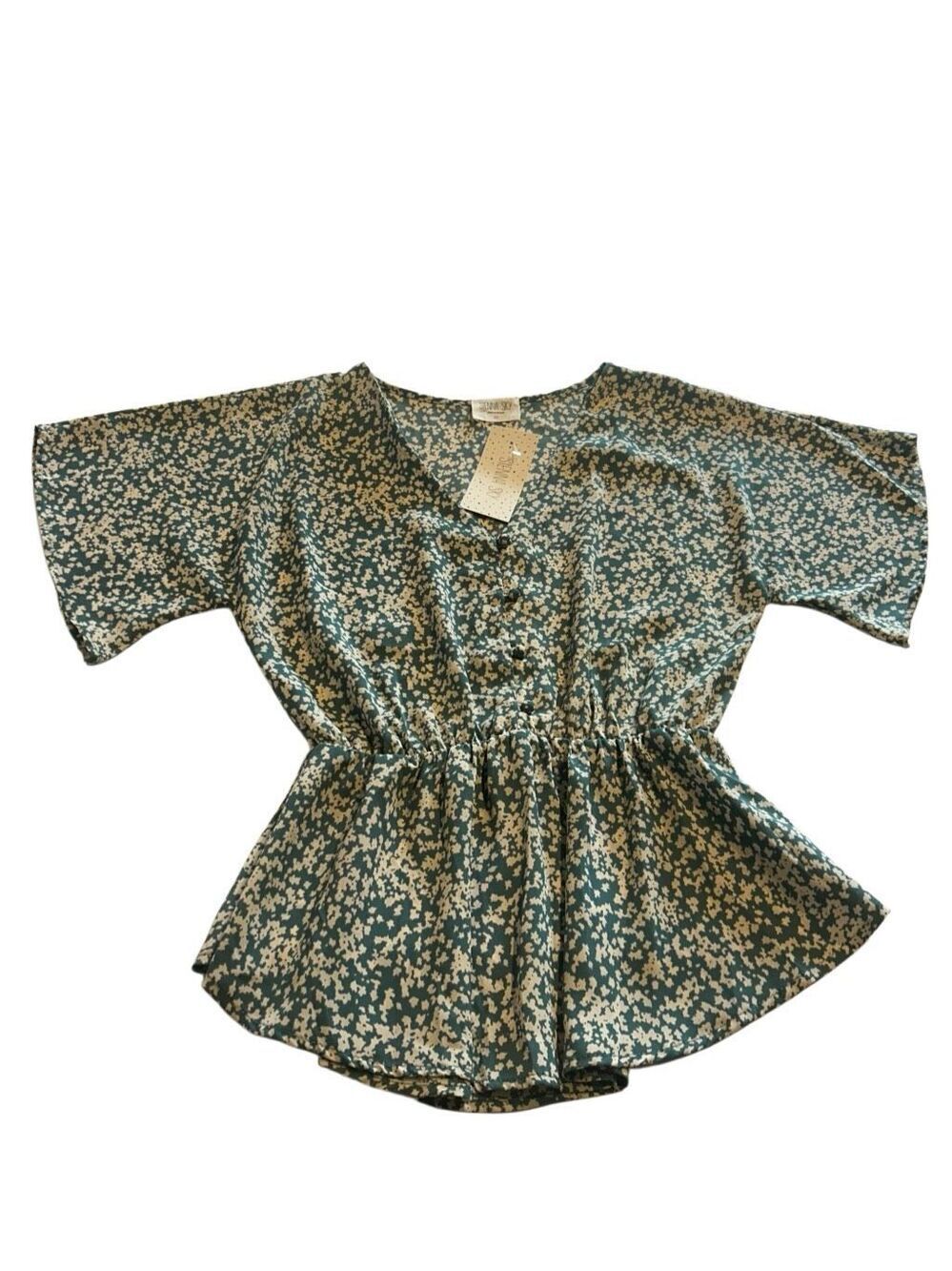 Sienna Sky Juniors Size MFloral Peplum Blouse Green Cream V-Neck Button Front Ac